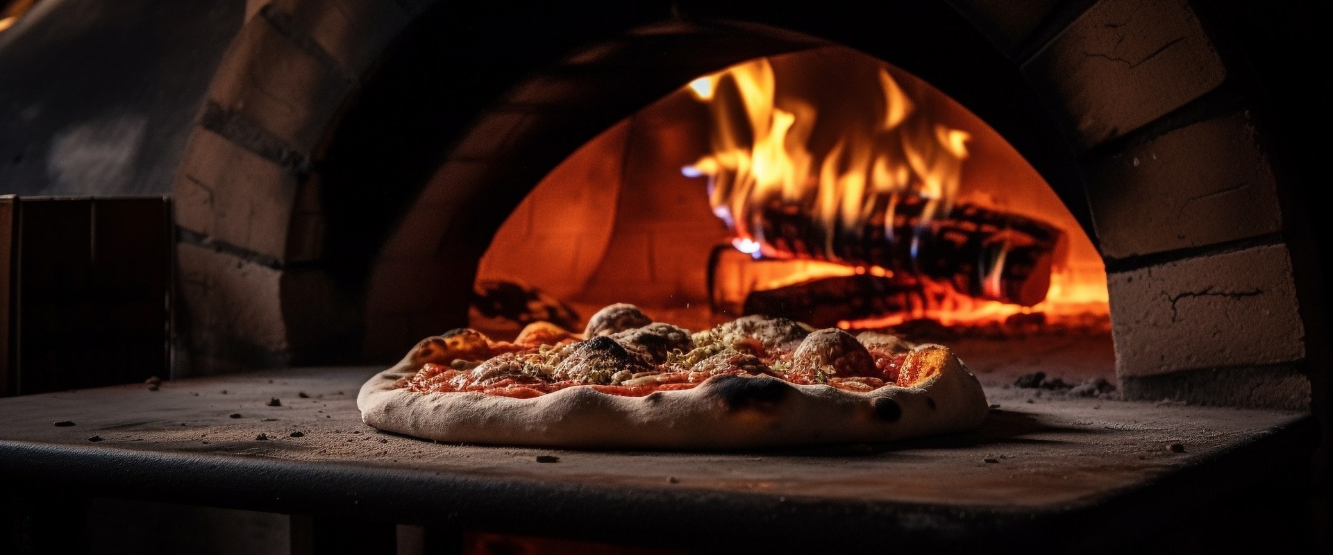 Baked gourmet pizza cooked in wood oven generated by AI